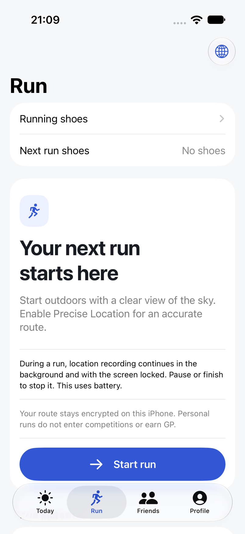 iPhone 上的 KinGuild 跑步页面，展示个人跑步功能，内容为示例测试记录。